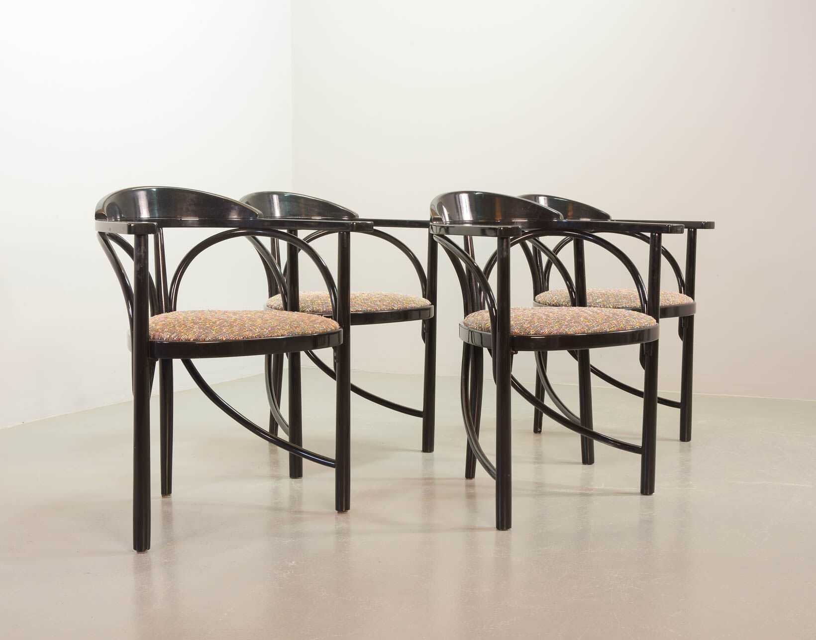 4 Wooden Black Lacquered Thonet Triangle Dining Chairs Model 87, 1980s