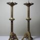 Large pair of antique gilded bronze candlesticks, Gothic style from the 19th century.