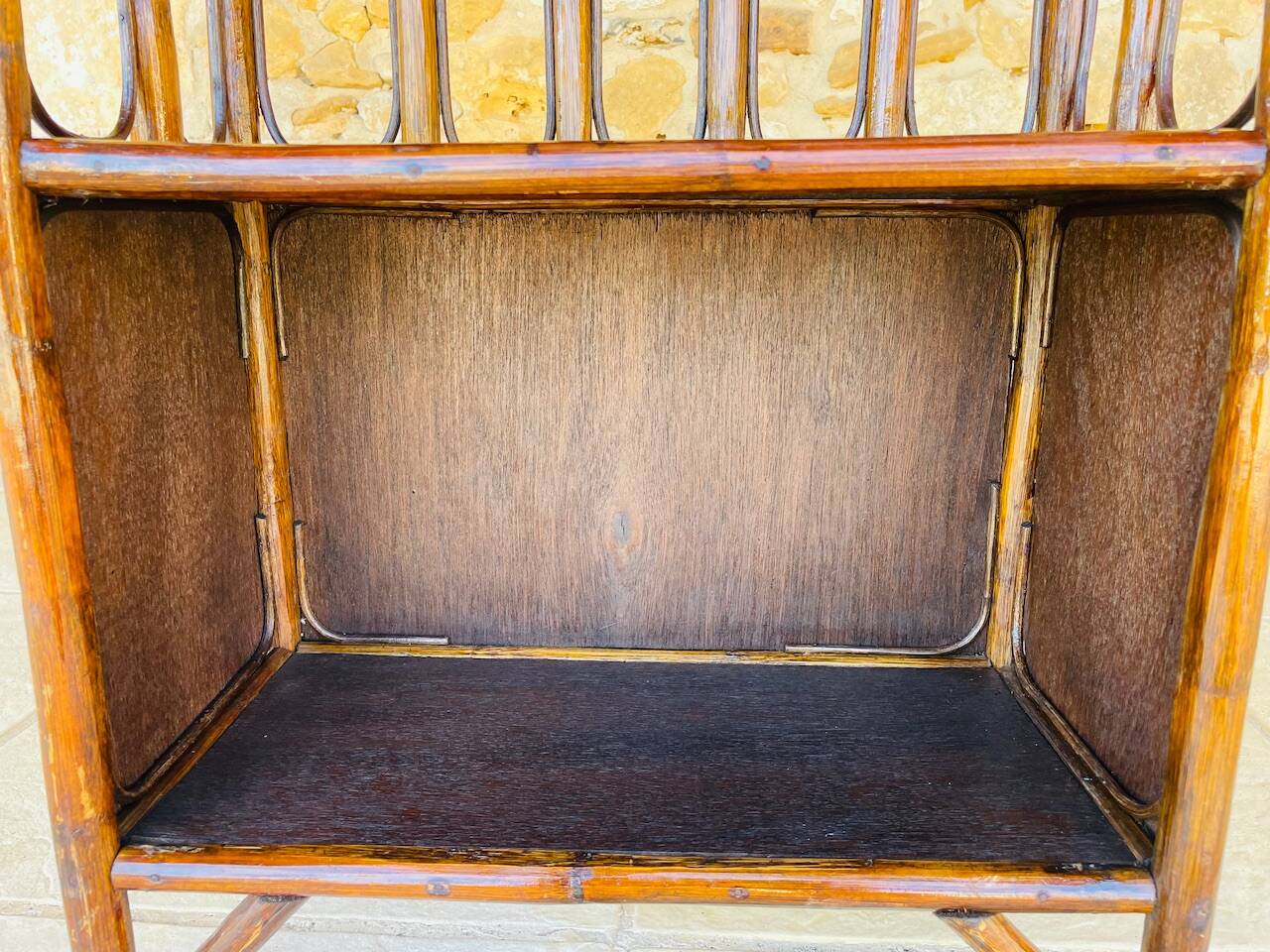 Vintage two-tier bamboo and rattan shelf with storage, Circa 1960