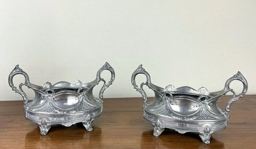 Pair of Louis XV rocaille style silver metal table planters