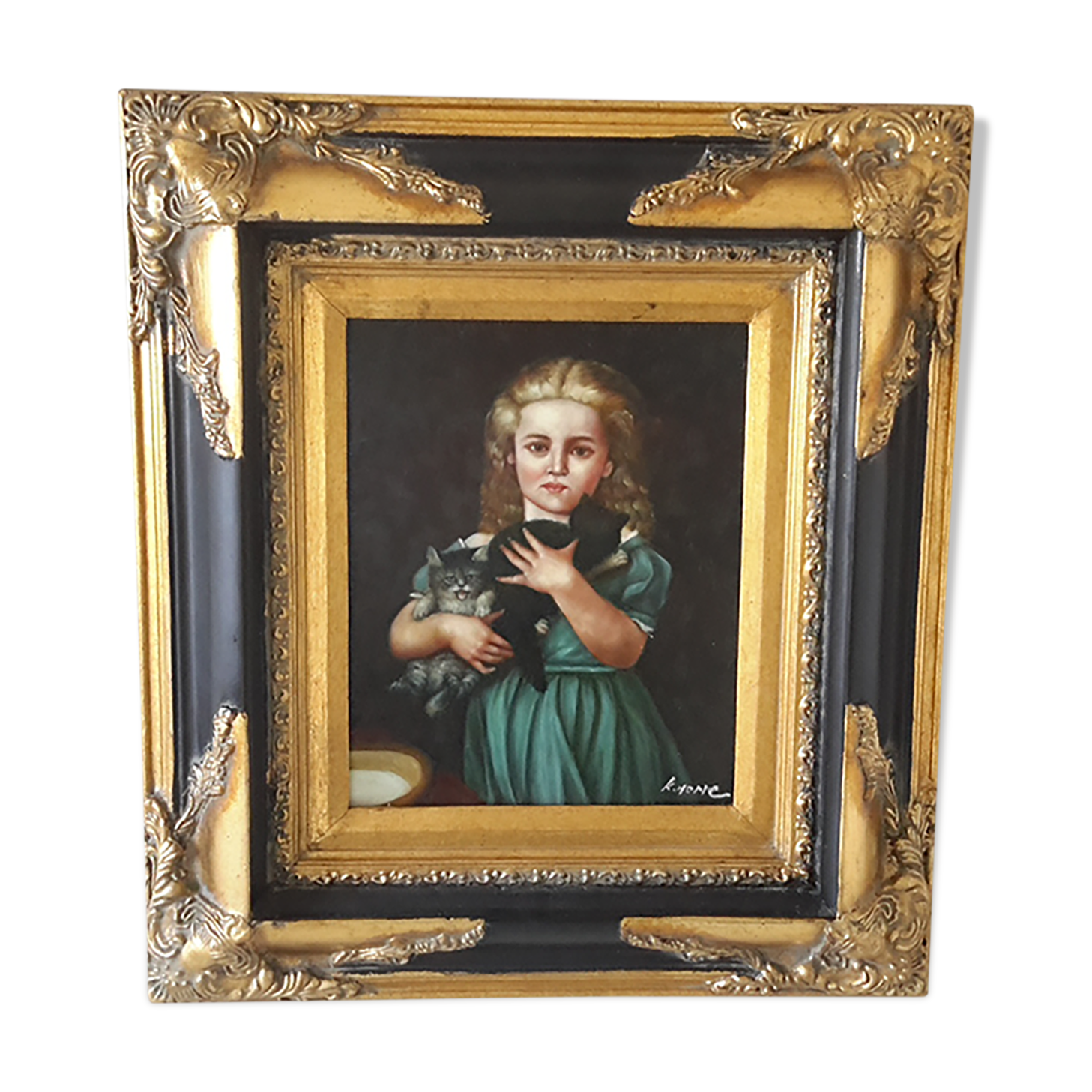 Oil on wood panel fine XIX th "The little girl with cats"