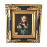 Oil on wood panel fine XIX th "The little girl with cats"