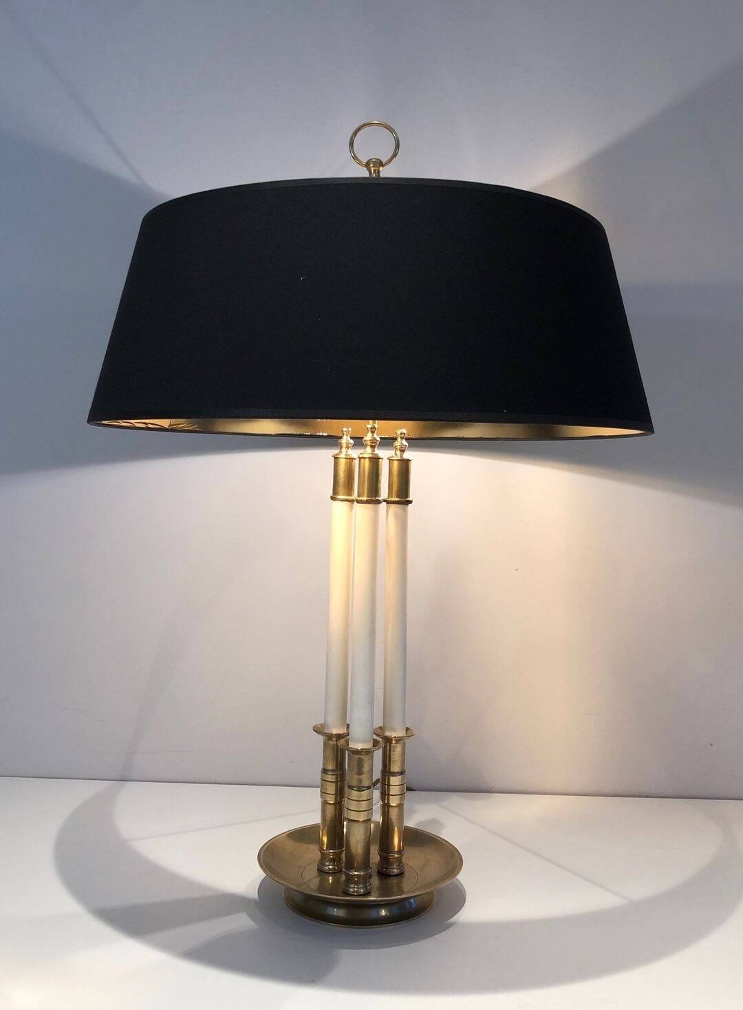 Pair of Brass and White Lacquer Table Lamps, Neoclassical Style, Tr