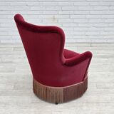 1970s, Danish highback armchair, red furniture velour, beech wood.