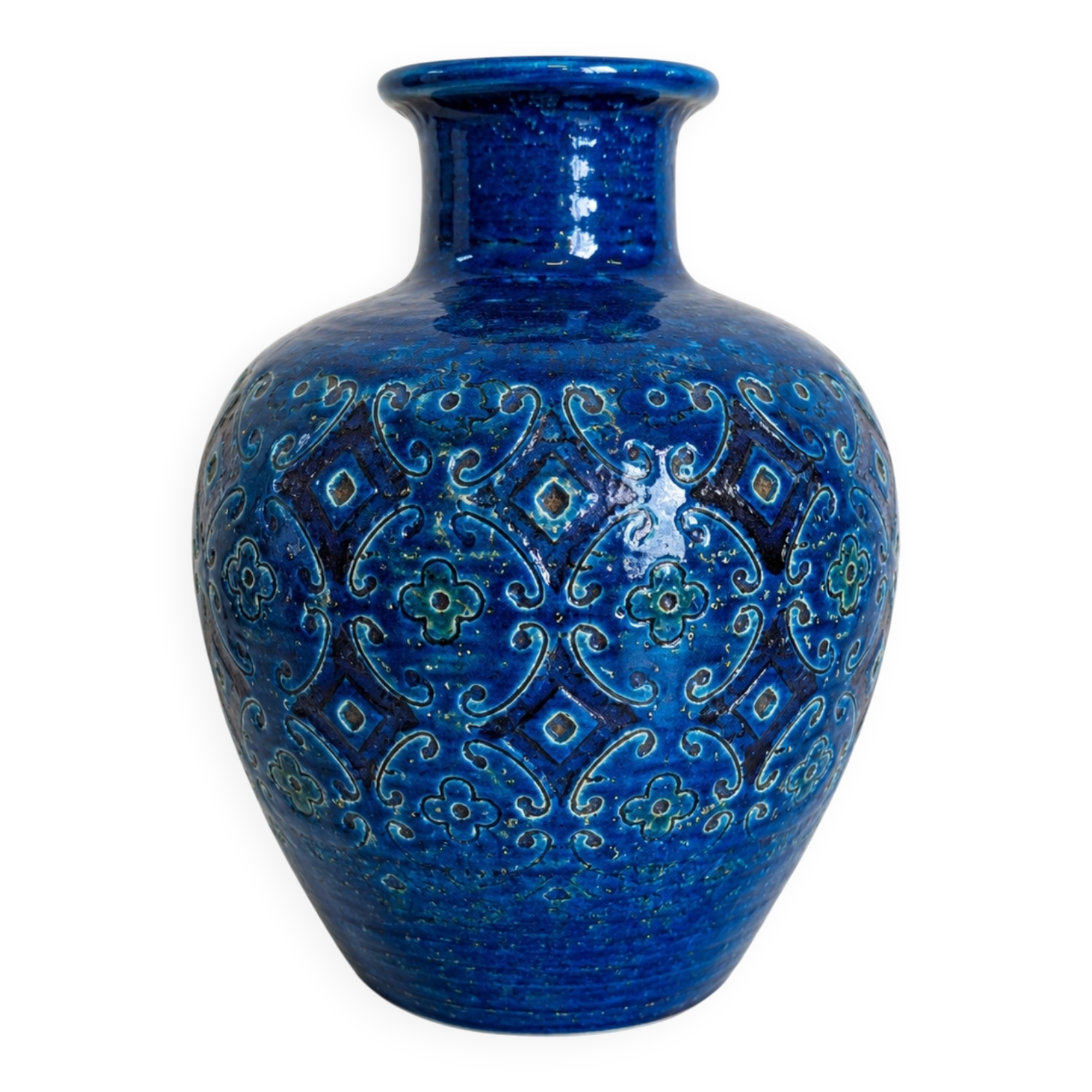 Vintage Italian vase in blue glazed ceramic, relief decoration.