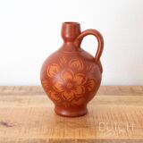 Vintage Terracotta Clay Jug Vase With Floral Pattern, Spanish Pottery
