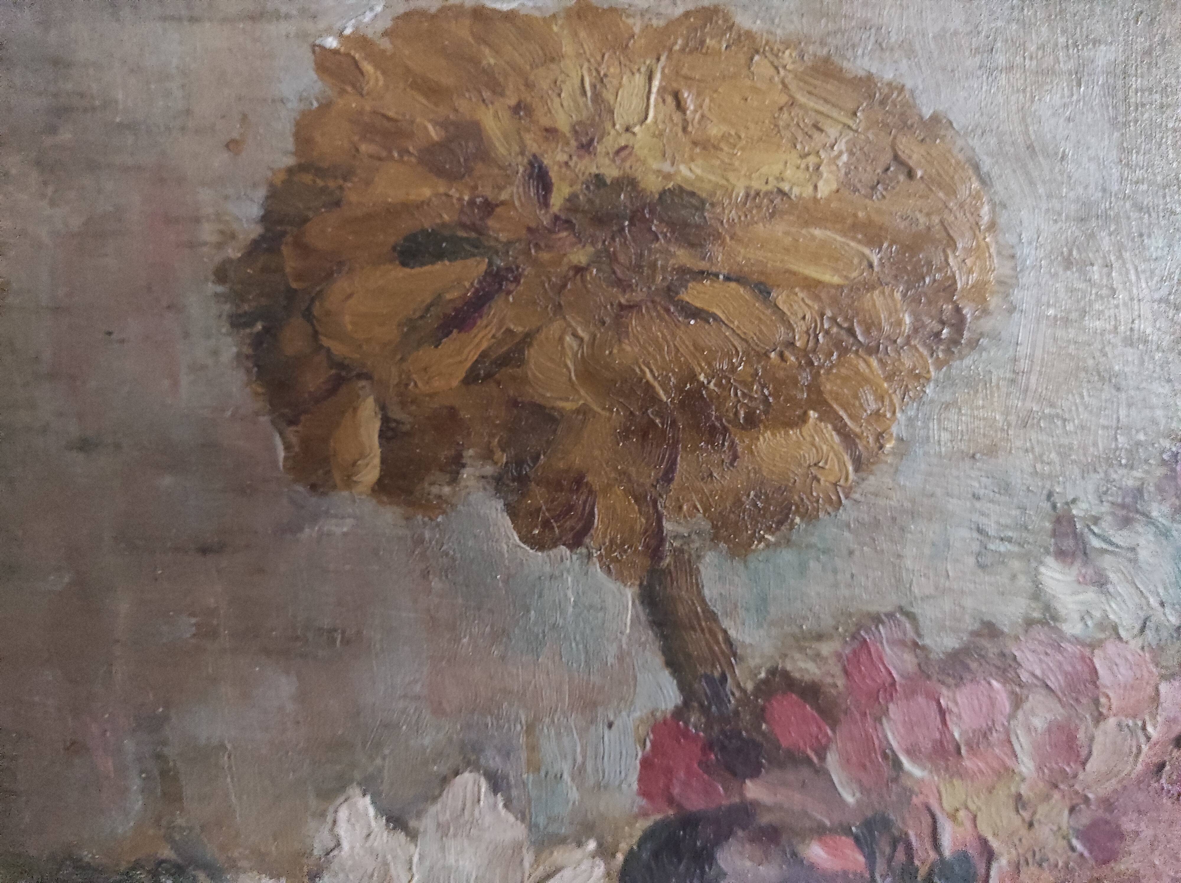 Vintage French oil painting of chrysanthemums