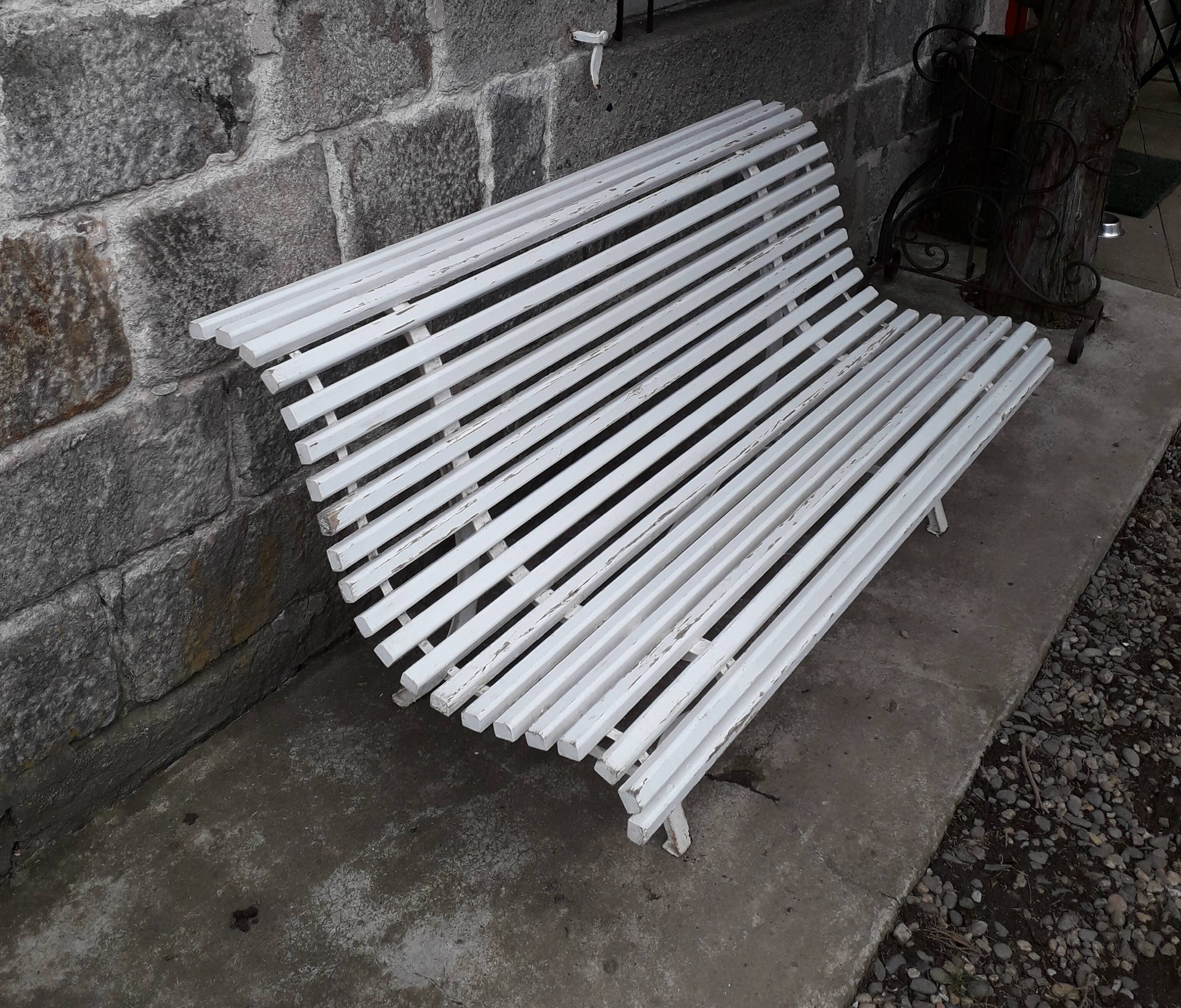 White garden slat bench
