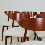 Set of 6 dining chairs, teak color wood, bouclè upholstery