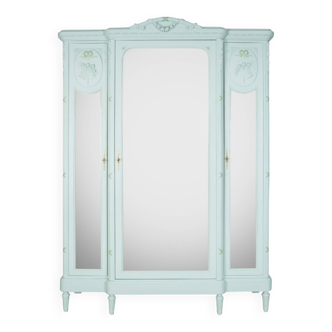 Louis XVI Style Painted Triple Door Mirror Armoire