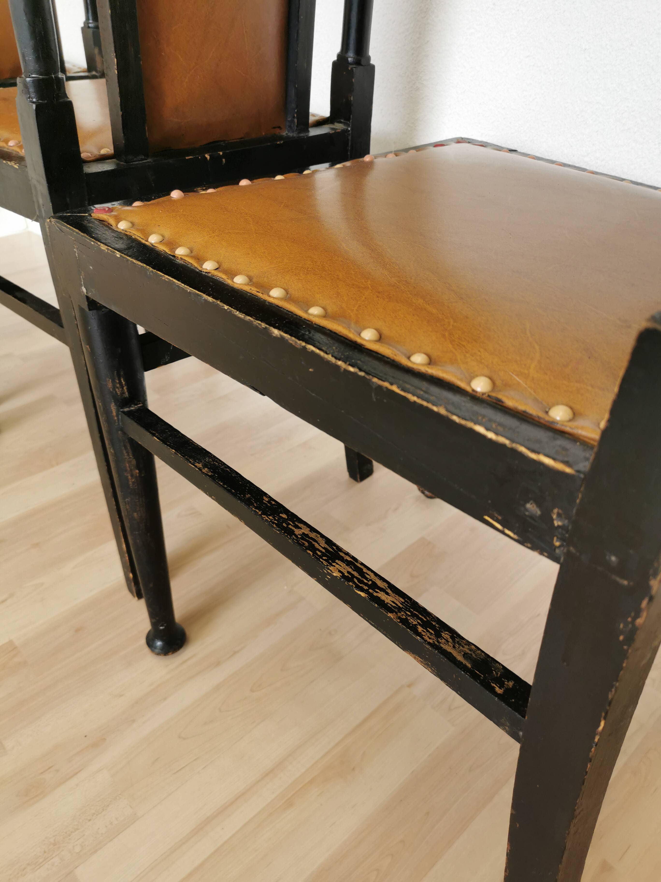 Set of 3 Vintage Dining Chairs: High Back, Leather Seat, Nailhead Trim