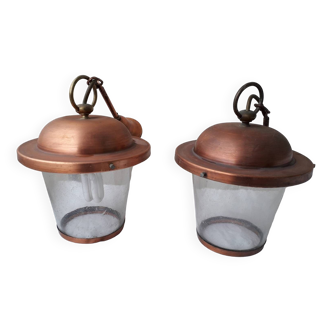 2 bubbled glass and copper pendant lights