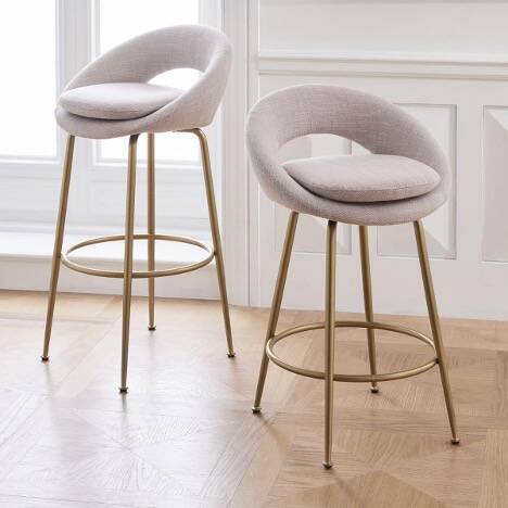 West Elm "Orb" bar stools – blush pink – gold finish legs