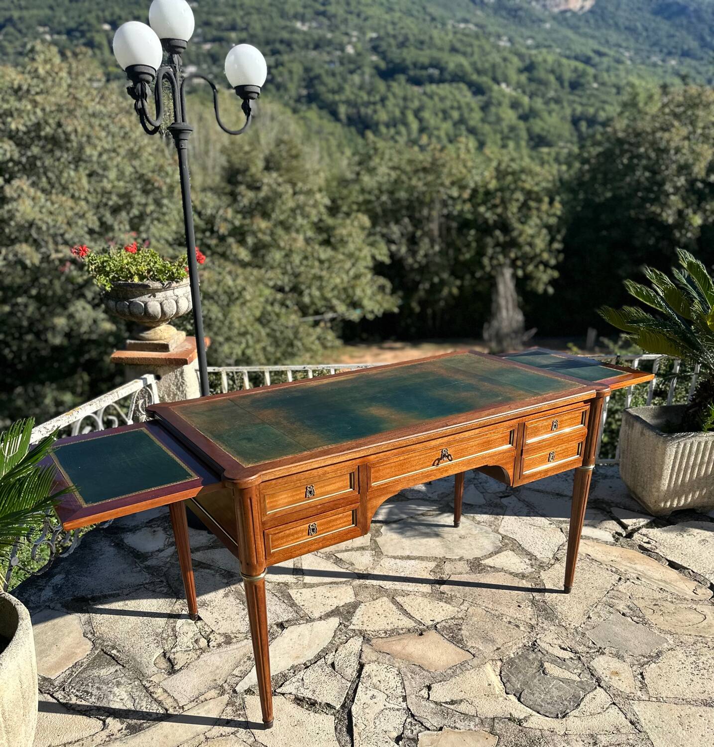 Louis XVI style solid mahogany and bronze flat desk, 19th century