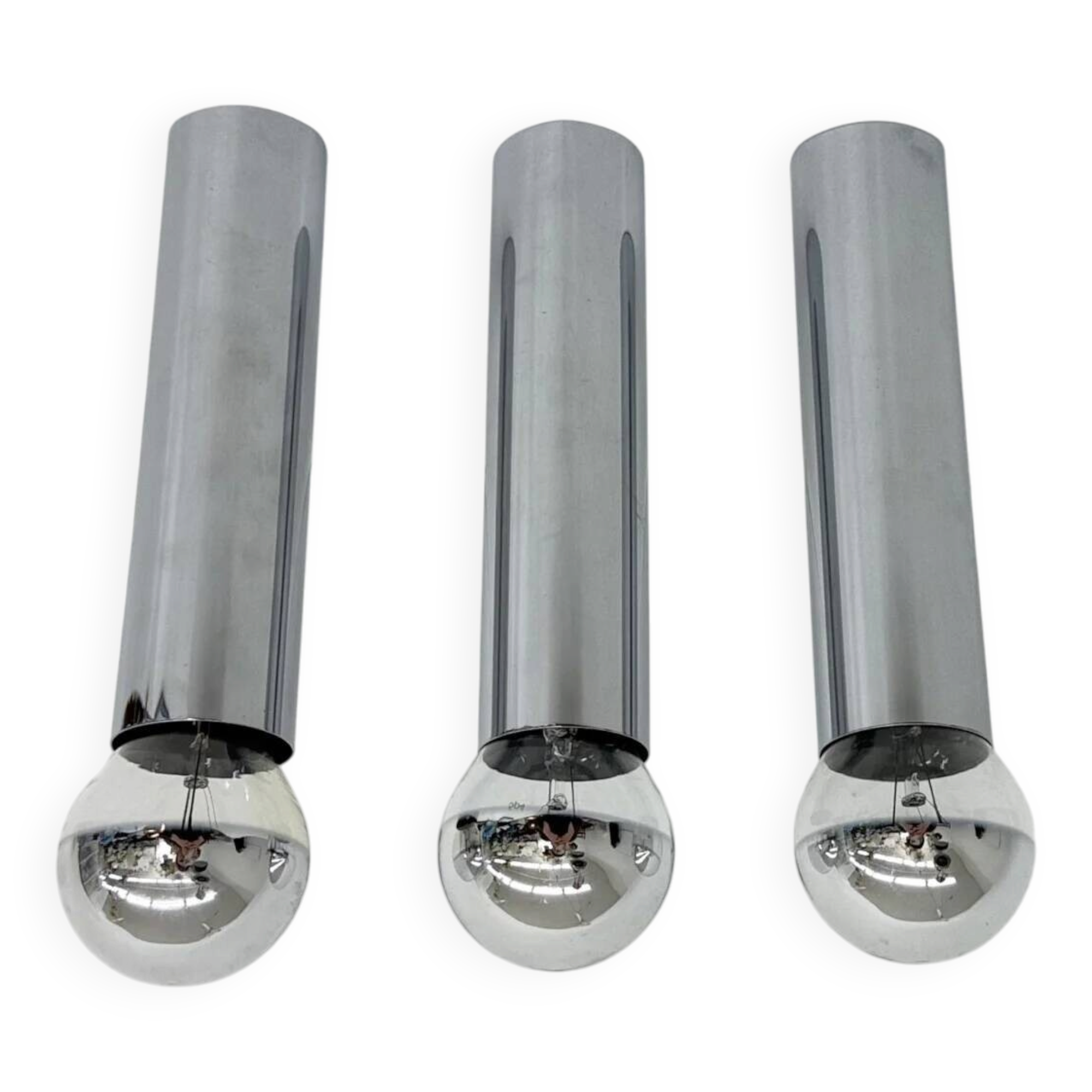Set of 3 minimalist chrome tube ceiling / wall lamps, 1970s