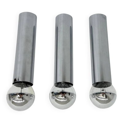 Ensemble de 3 lampes de plafond / mur en tube chrome minimalistes, années 1970.