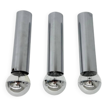 Set of 3 minimalist chrome tube ceiling / wall lamps, 1970s