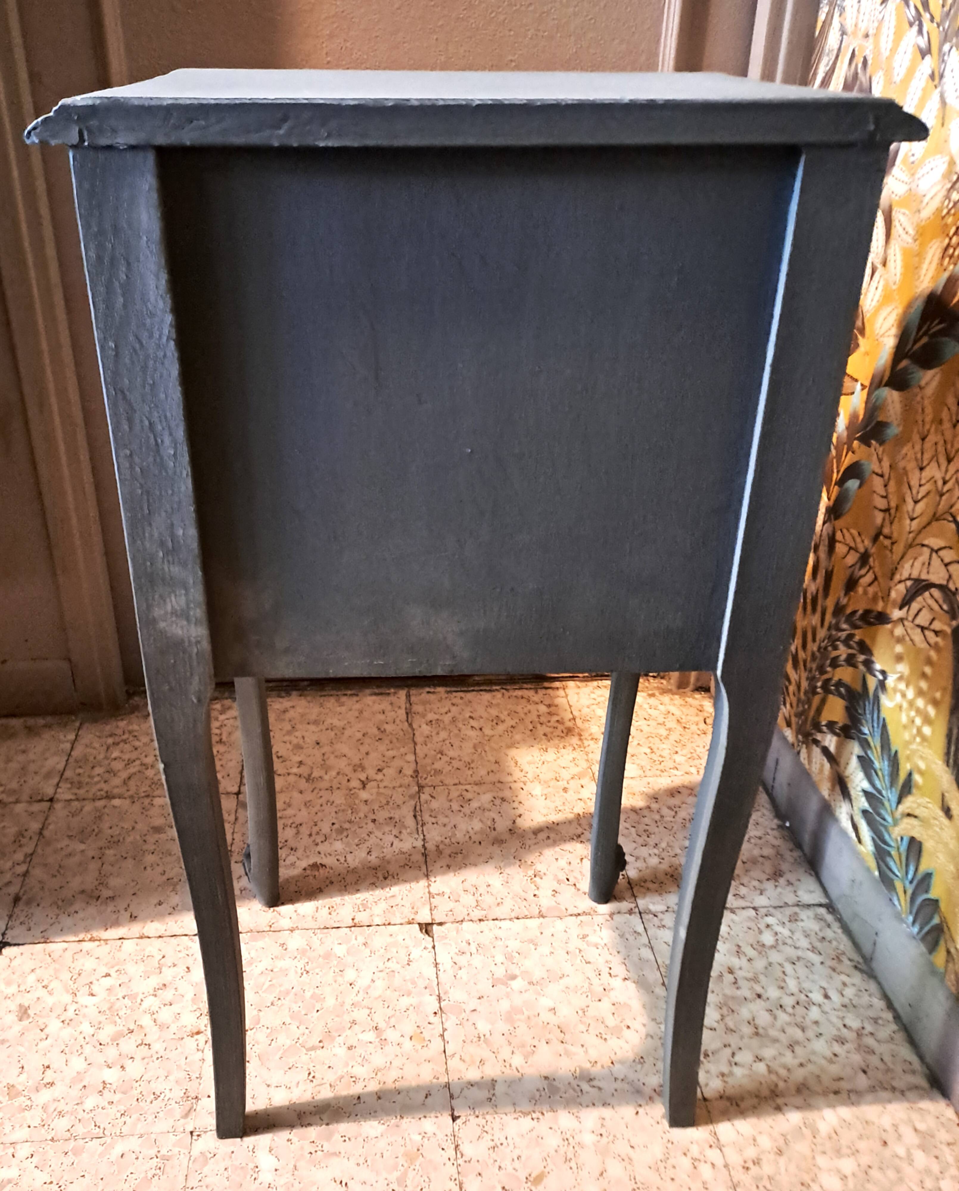 1950 bedside table in painted wood, trench grey color, renovated, 3 drawers