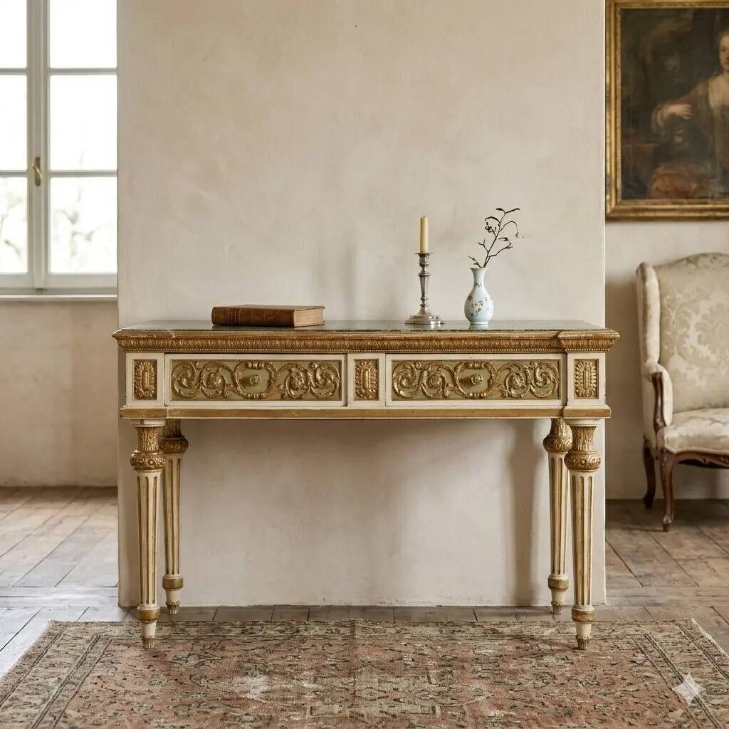 Table éclectique ancienne en bois laqué et marbre, Italie, XIXe siècle