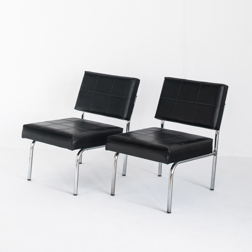 Pair of vintage low armchairs in chrome metal and skaï, Spain 1970