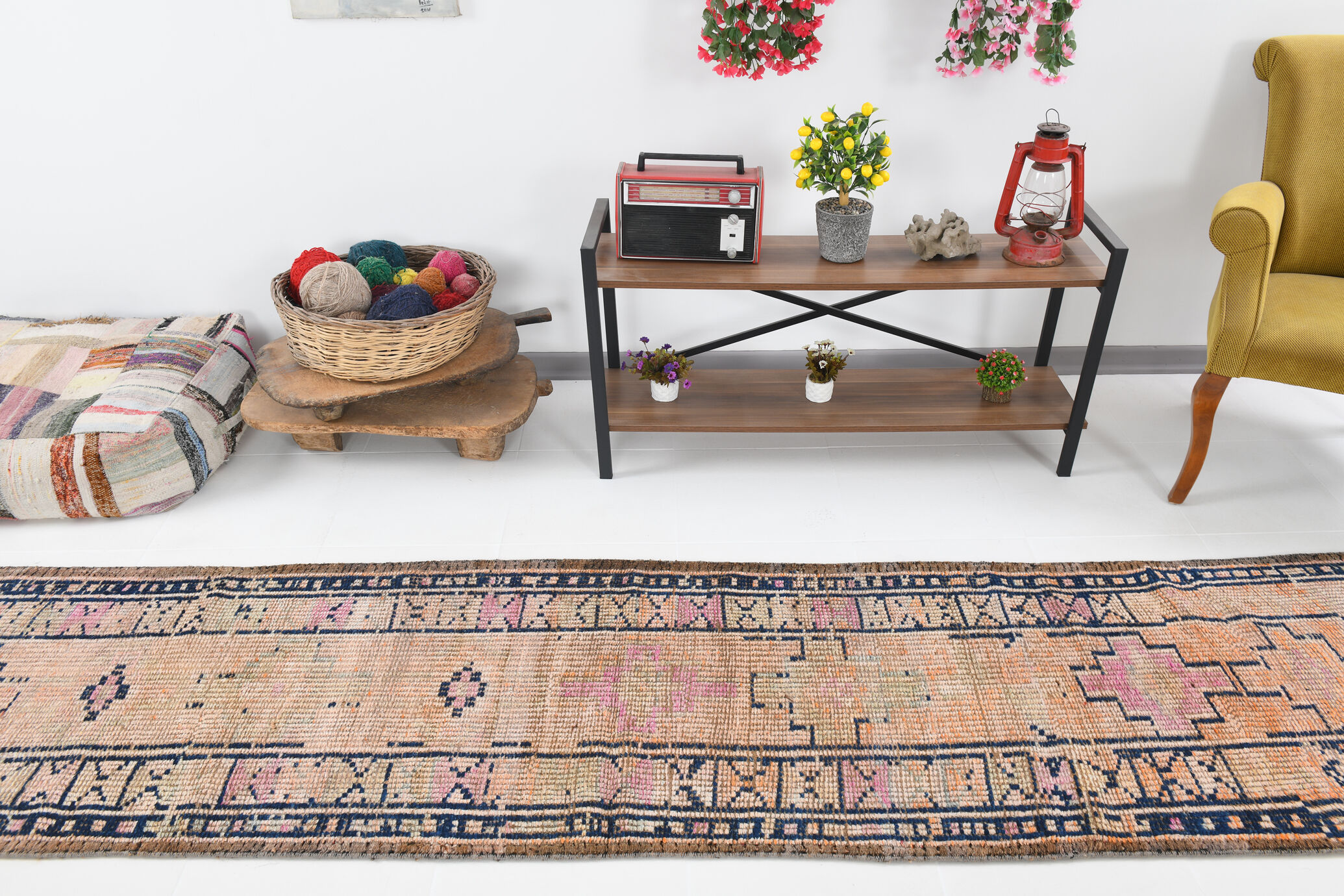 Pale orange & navy blue vintage runner rug 78x357cm