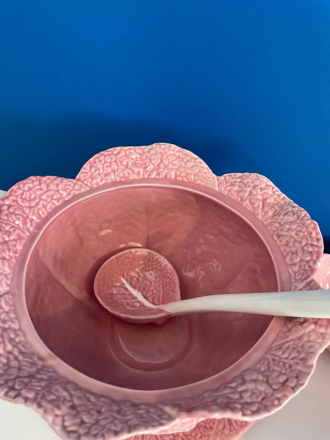 Soup tureen and bowl set with pink cabbage slip