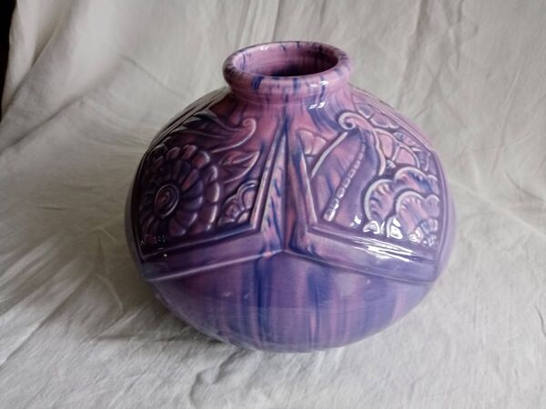 Grand vase boule barbotine d'époque Art Déco Manufacture Lille Fives