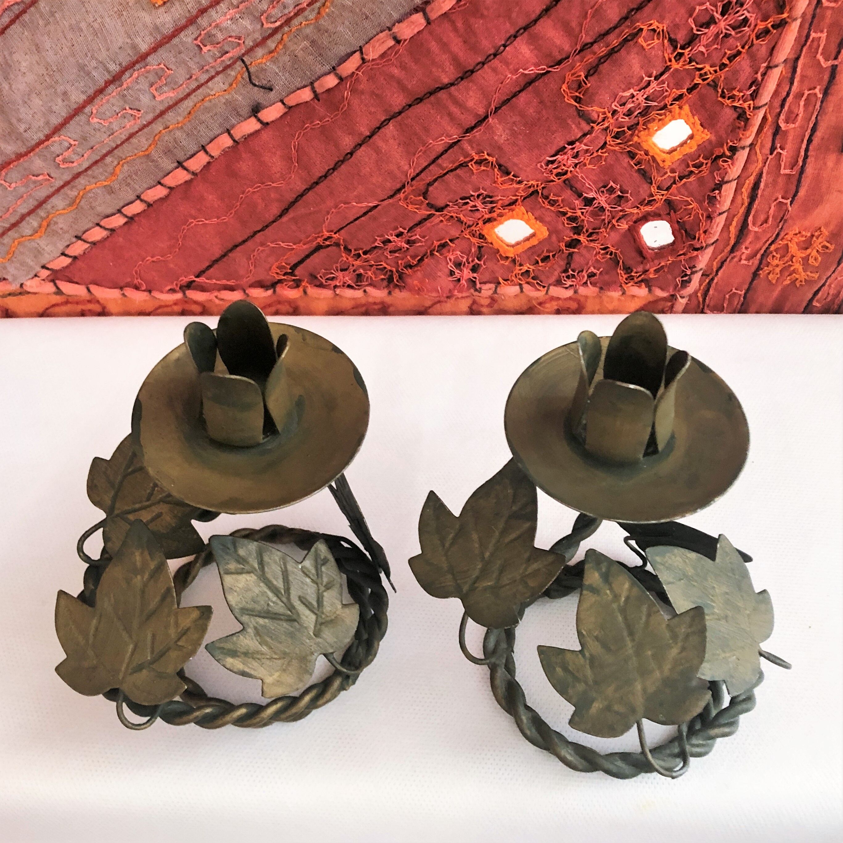 Pair of handcrafted wrought iron candlesticks vintage foliage
