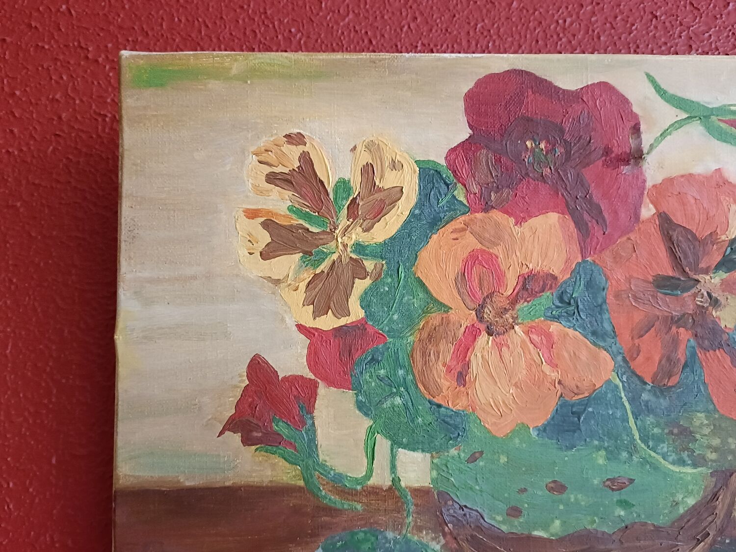 Canvas, cloth, bouquet of flowers, signature