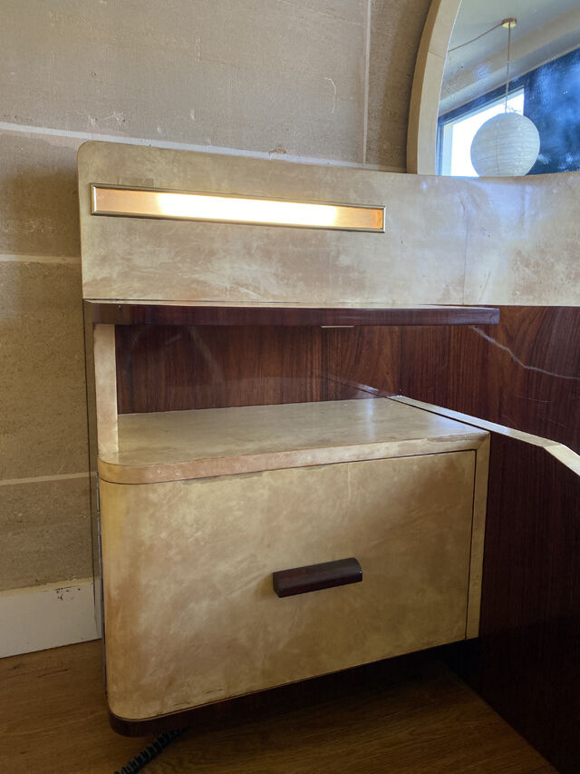 Bed with integrated bedside in rosewood and parchment, art deco period, twentieth century