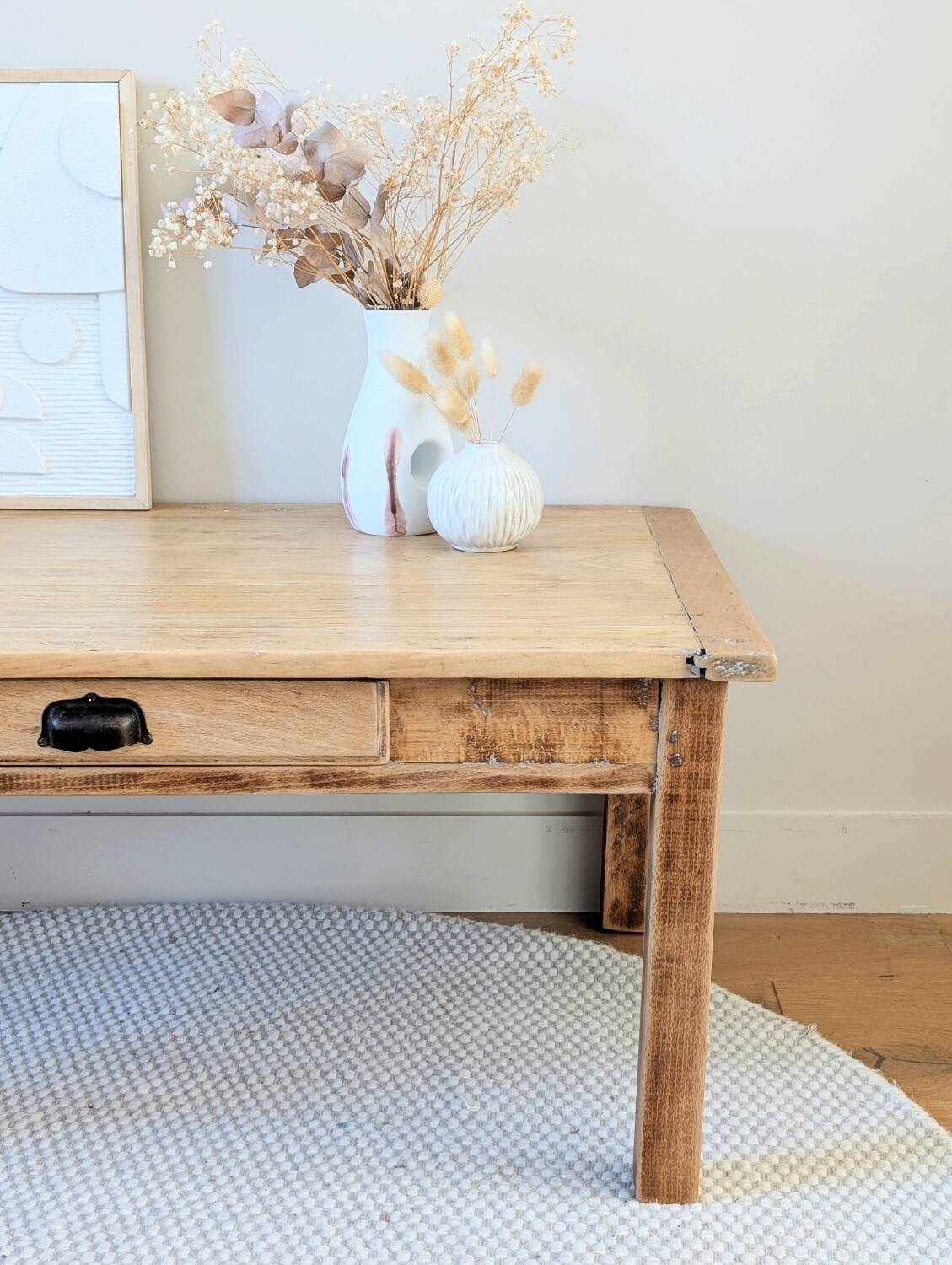 Antique solid wood coffee table with drawer.