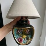 Black and grey Vallauris fish lamp with linen lampshade 70s