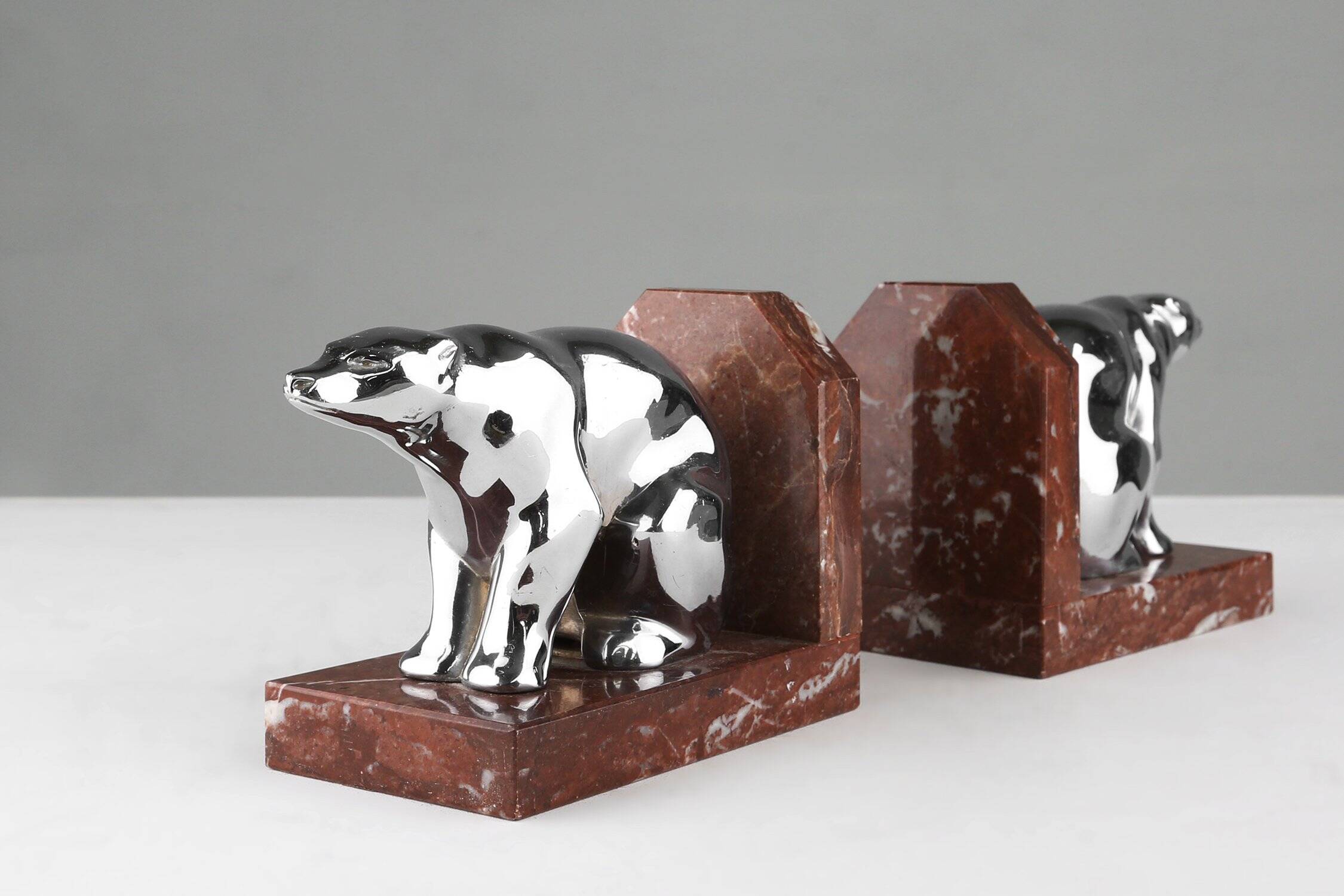 Art Deco Marble and Metal Bear Bookends, France 1930s