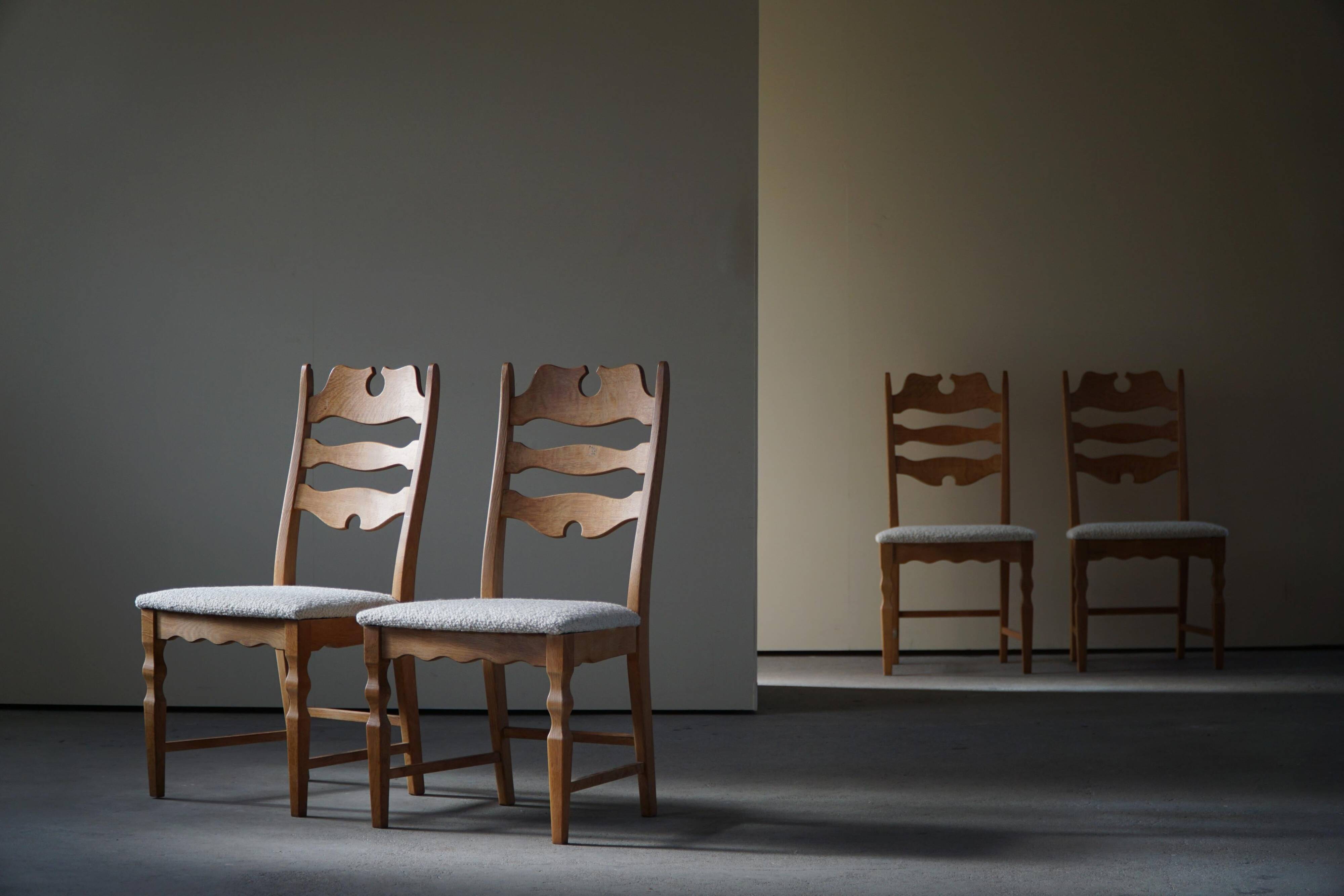 Set of 4 "Razorblade" high back chairs in oak & boucle, Henning Kjærnulf, 1960s