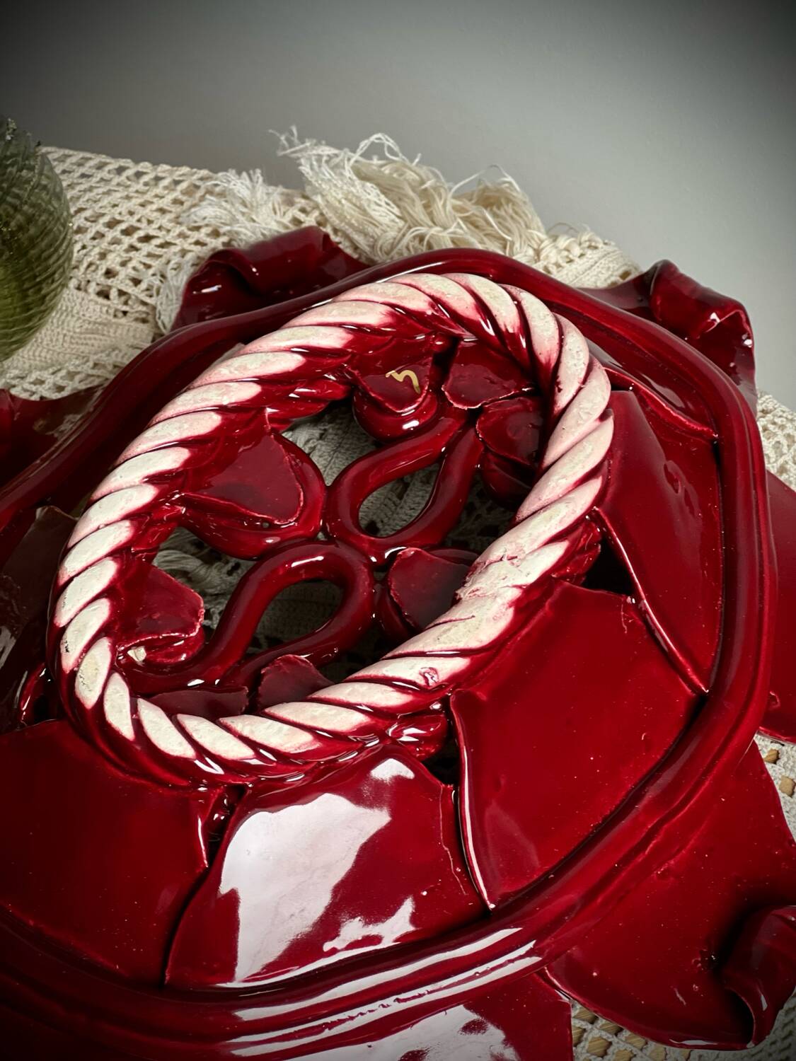 Woven ceramic basket with petals in oxblood slip / baroque style, eclectic