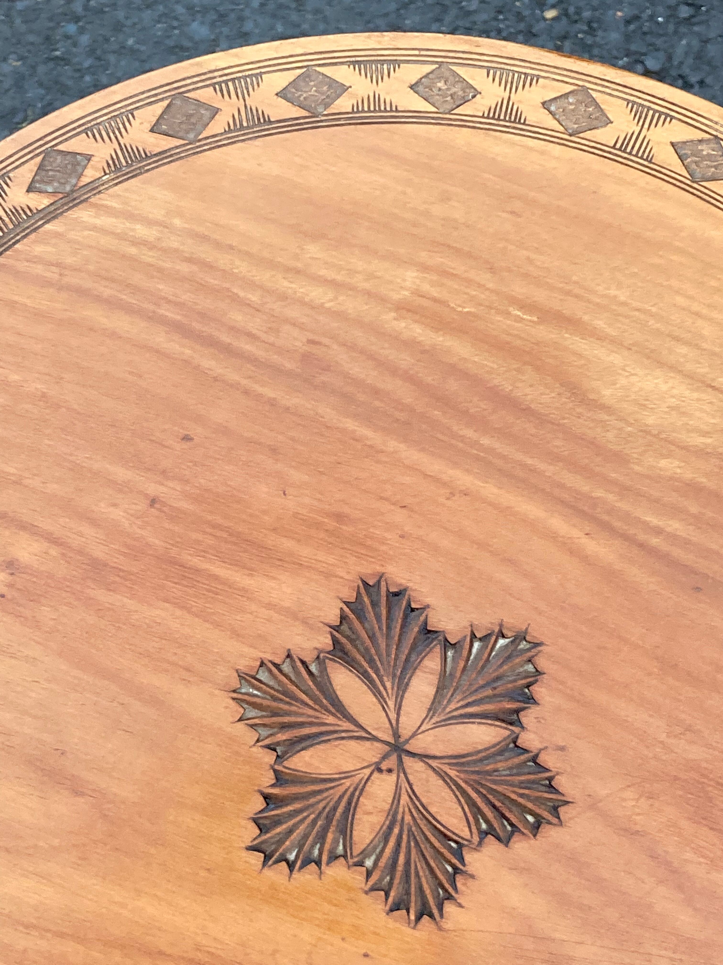 Art Deco Wooden Pedestal Table Carved with Star / Antique Side Table 1930
