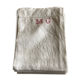 Set of 6 spare towels bathroom 1930 in linen caviar embroidered MG