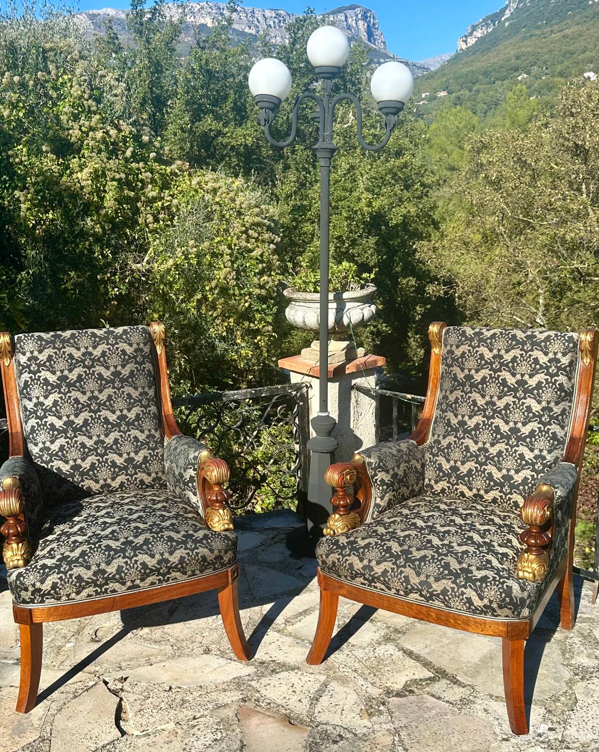 Pair of Mahogany Bergère Armchairs with Chimera Motifs, 19th Century