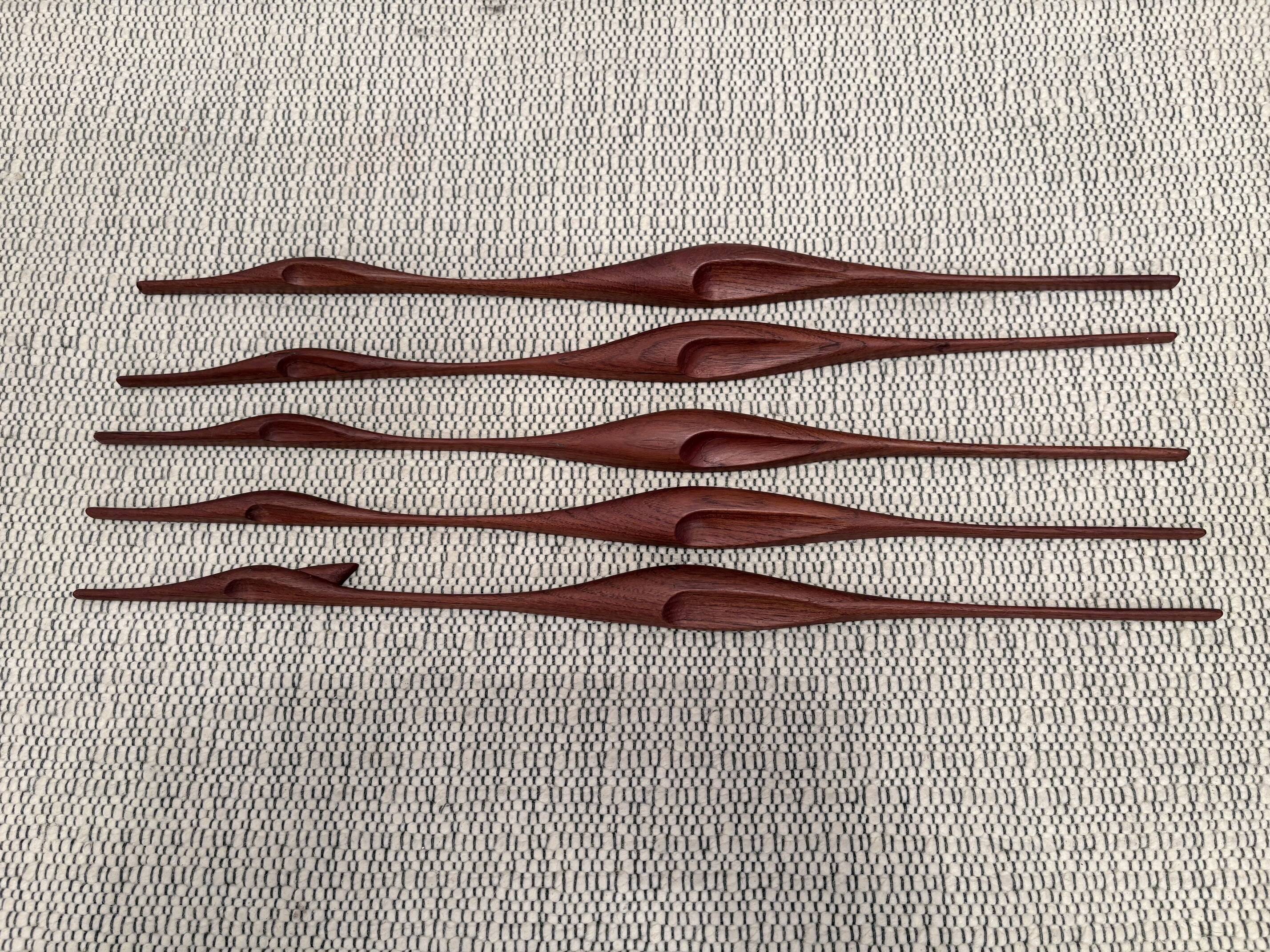 Set of five teak bird wall art, Denmark, 1960s