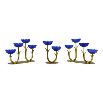 Solid Brass and Cobalt Blue Art Glass Candle Holders by Gunnar Ander for Ystad-Metall, Sweden, 1950s