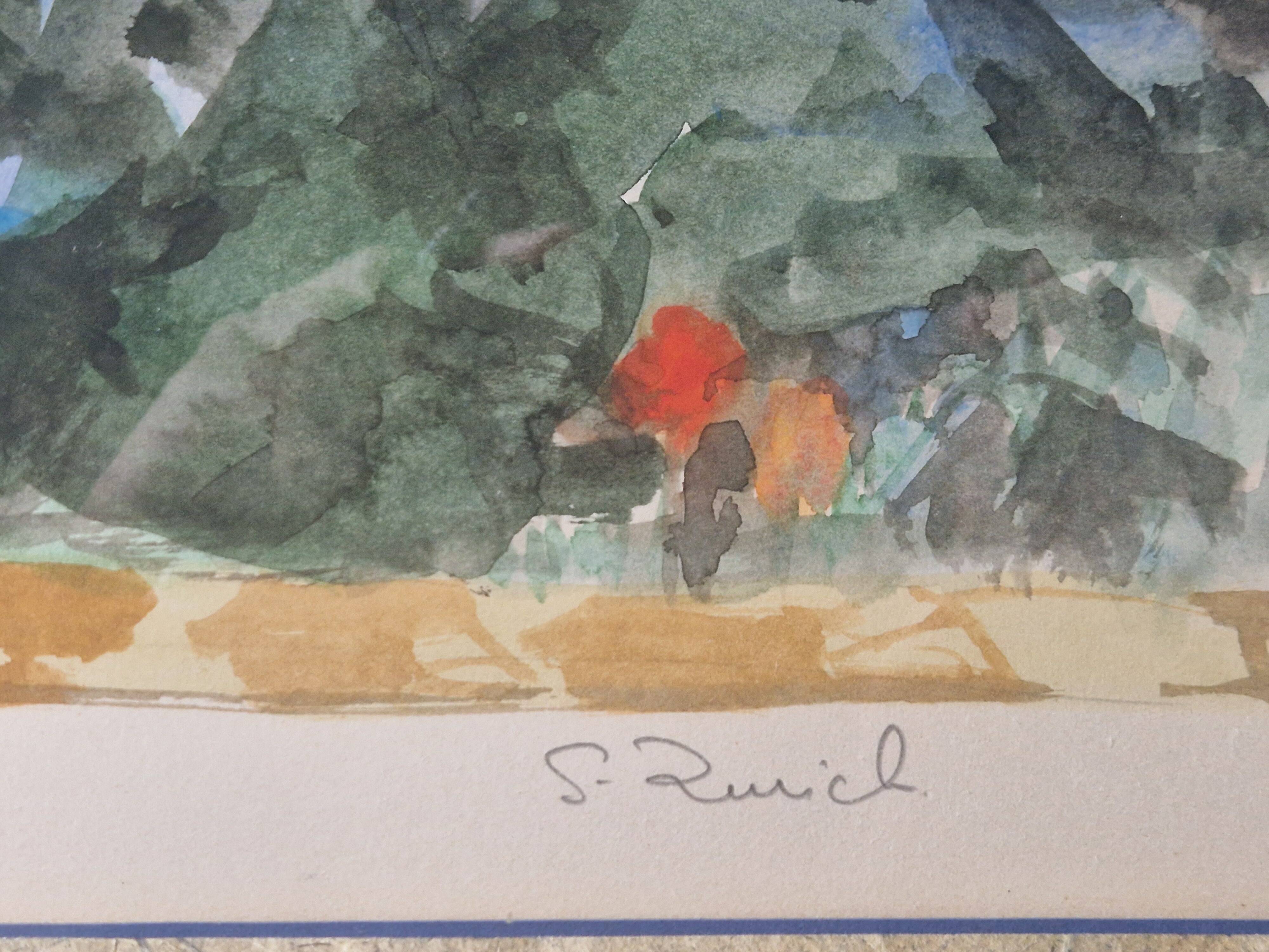 Watercolour 1981 "The Eucalyptus of Kelinda", signed S. Zurich and framed.