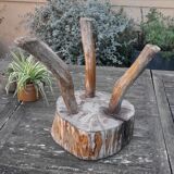 Stool low tripod log solid wood, brutalist and authentic, circa 1920