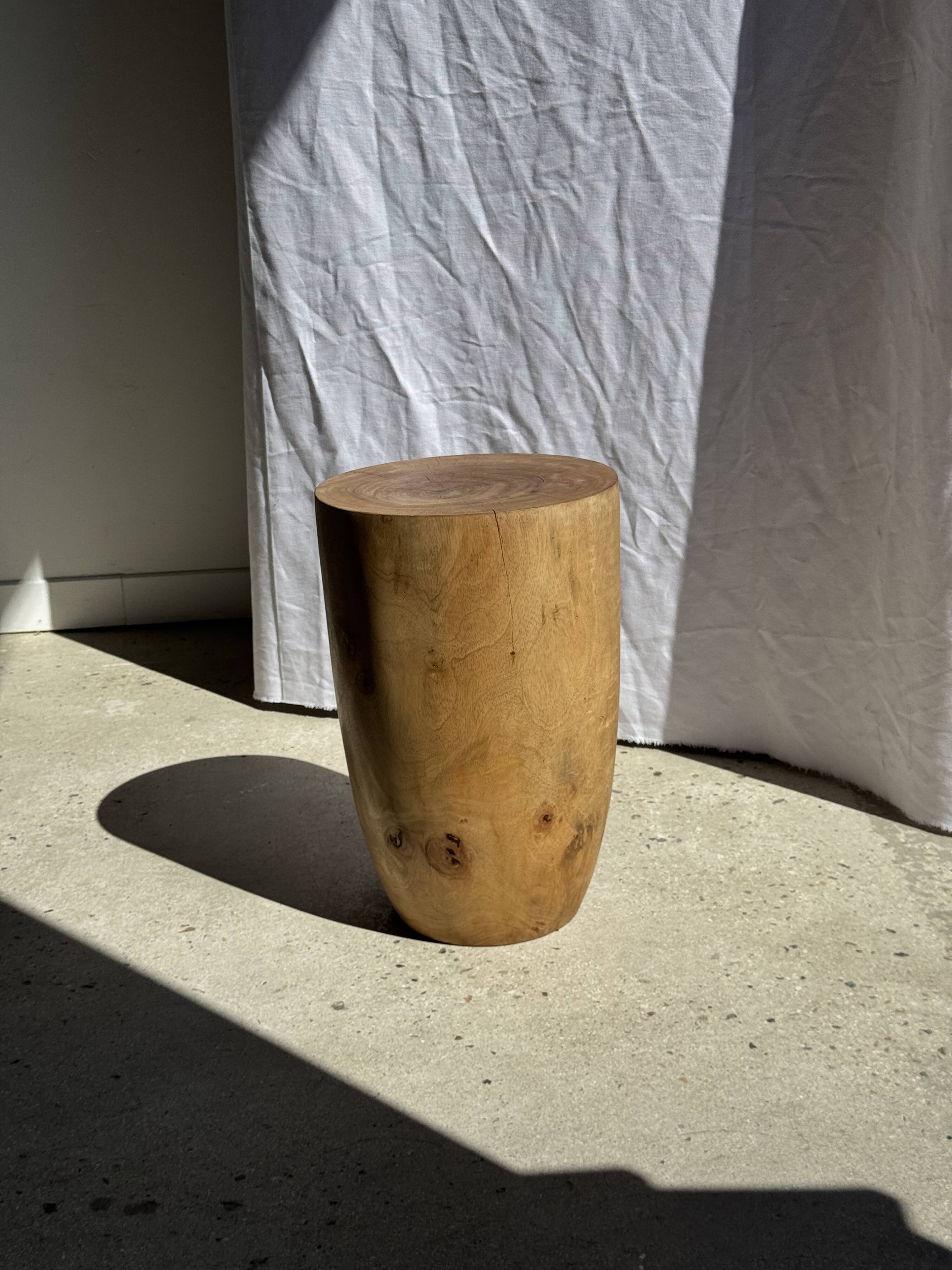 Stool, side table, cylindrical solid mango wood end table.