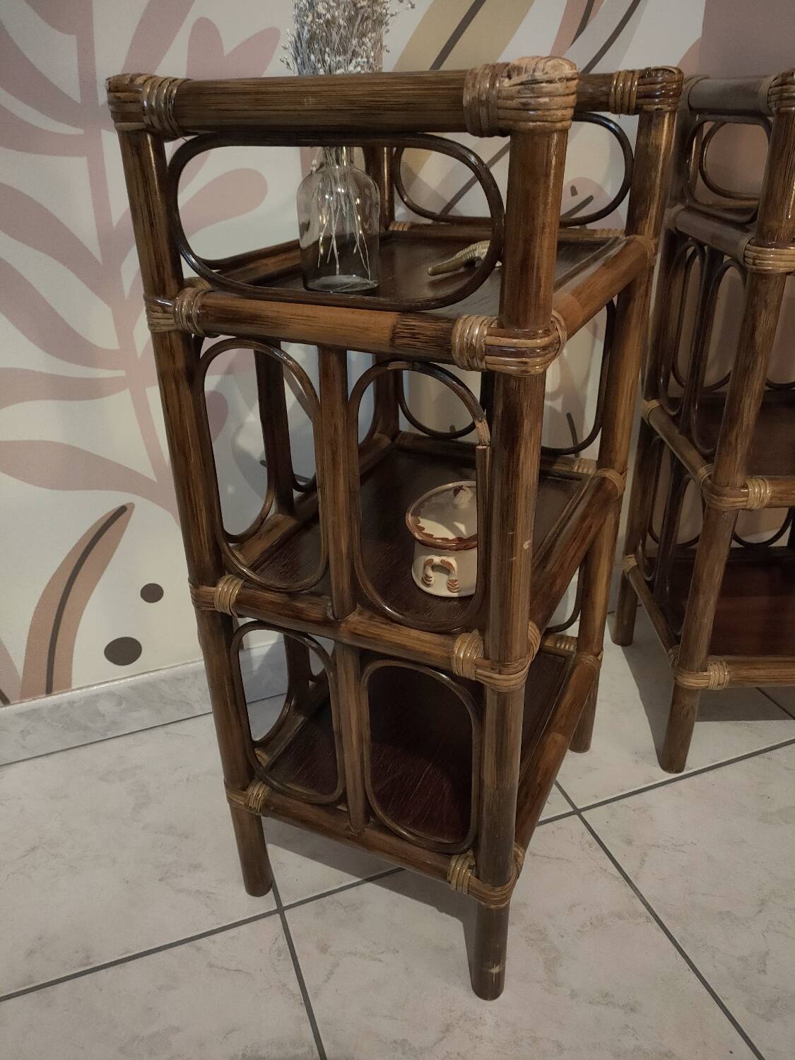 Pair of vintage bamboo and rattan bedside tables/shelves