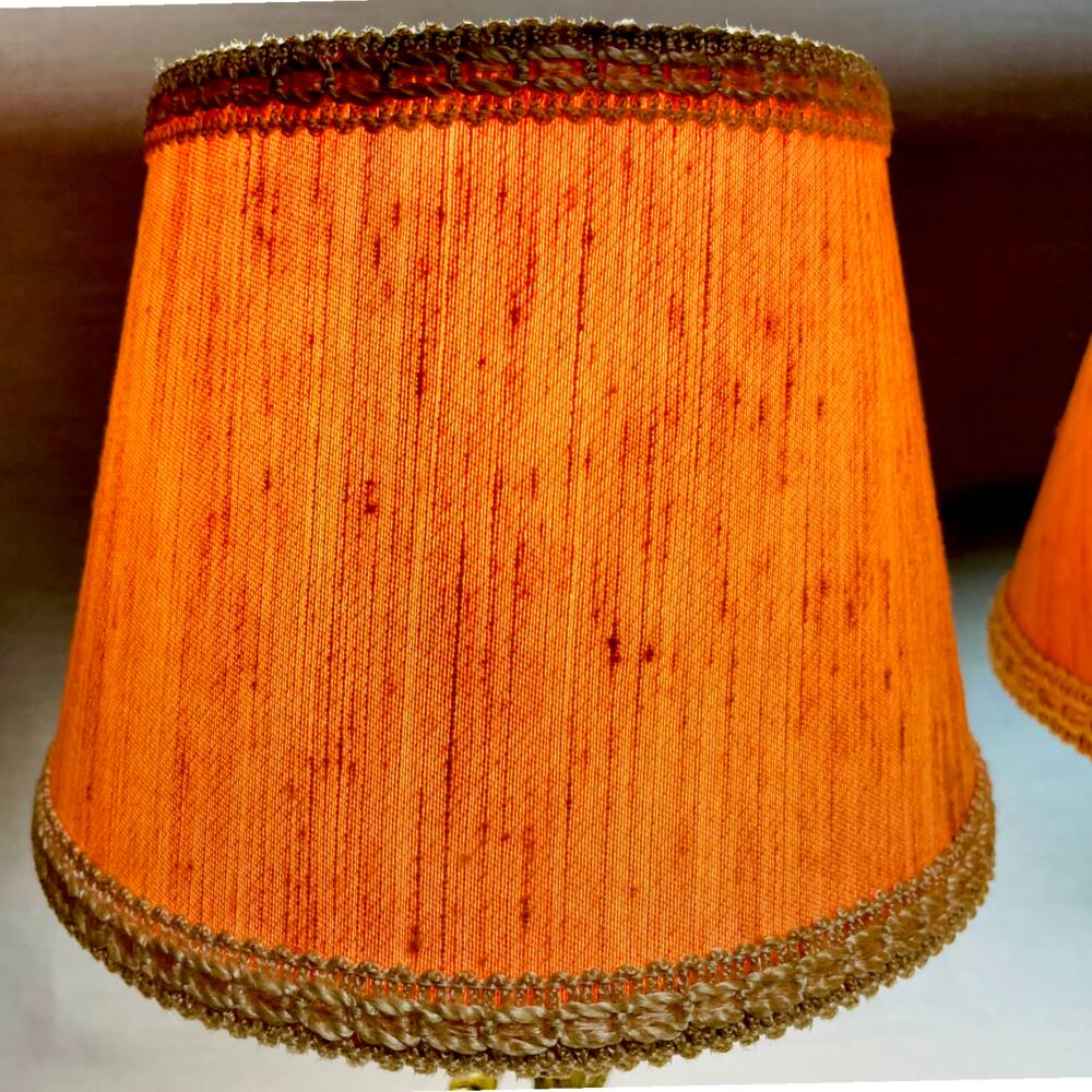 Pair rustic brass bird table lamps with pink lampshades