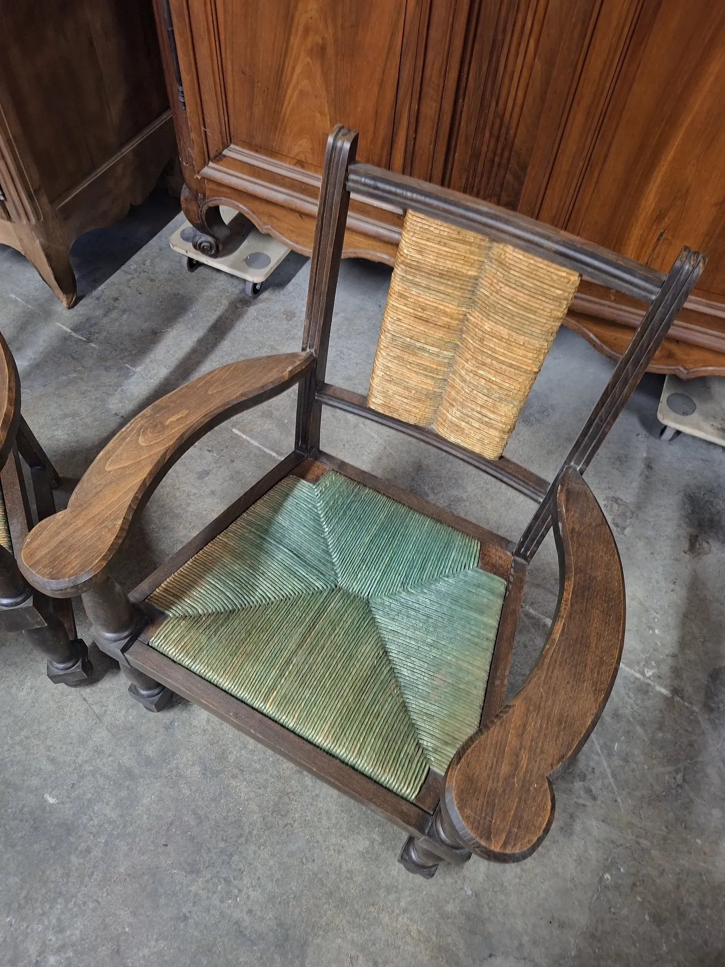 Brutalist pair of rustic turned wooden armchairs from the 1950s.