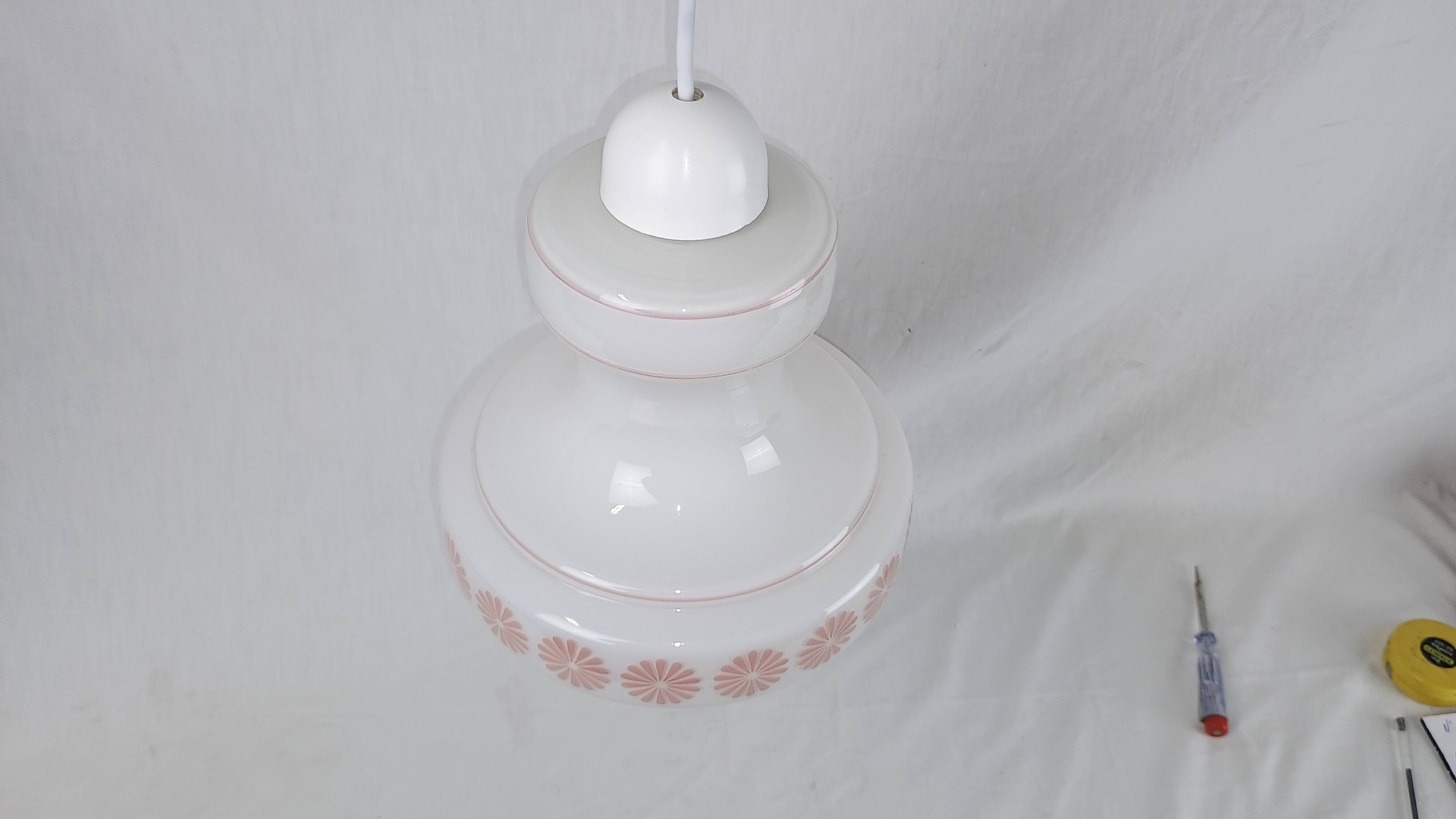 Vintage French pendant light in cream-white glass with pink flowers