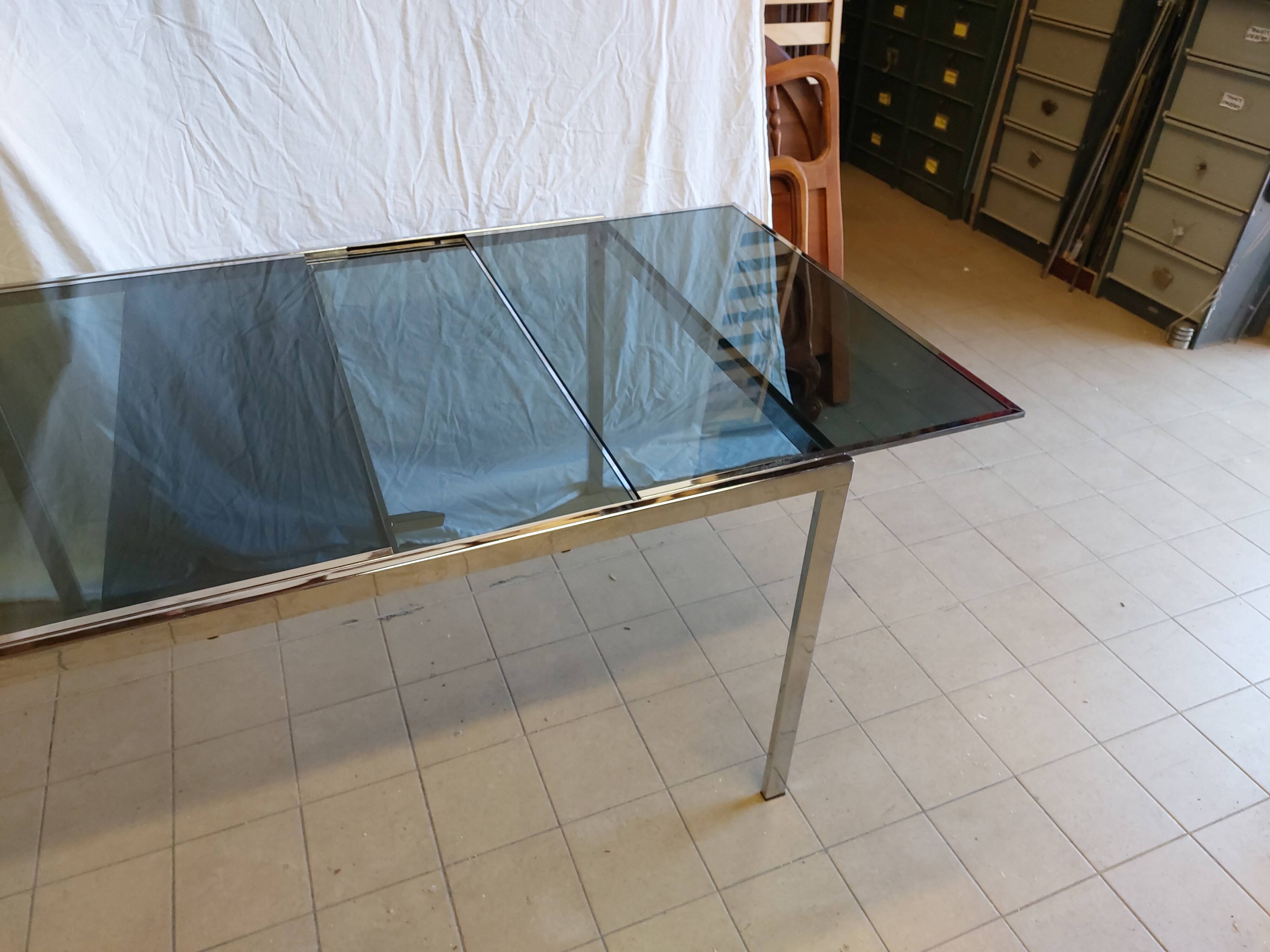 Table vintage extensible verre teinté et chrome Milo Baughman - Années 70
