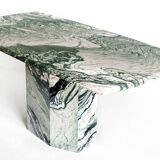 Vintage dining table in green and white veined marble. Completely restored. Italy, 90's