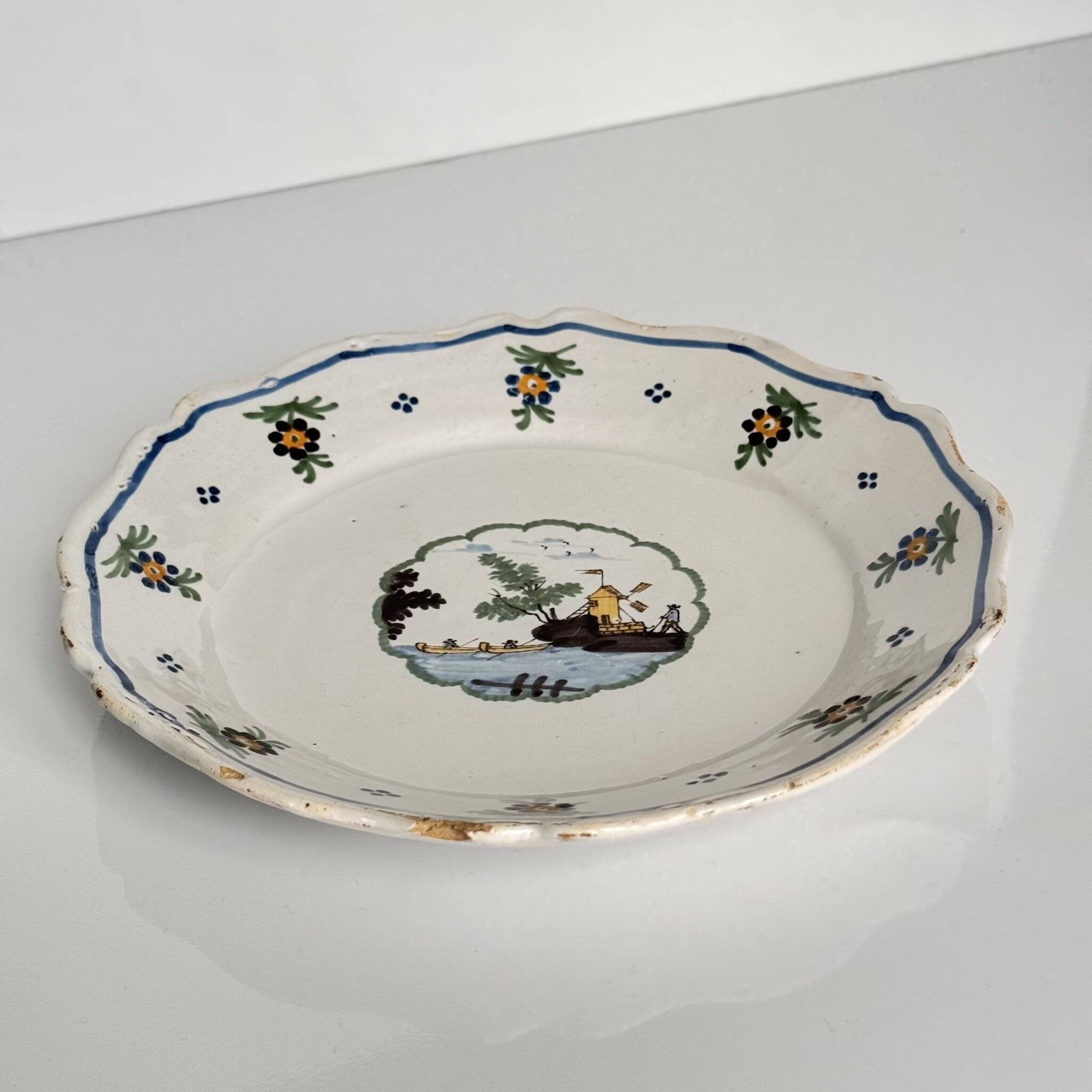 18th Century Nevers Earthenware Plate | Windmill and River